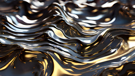 A shiny chrome and gold liquid texture background. Perfect for modern design, wallpaper, or abstract art. Smooth and reflective surface.の素材