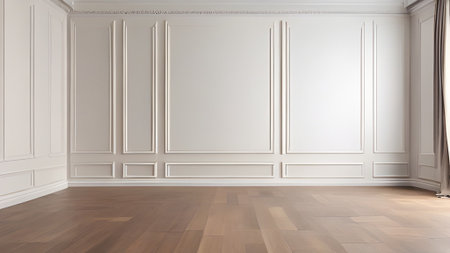 A bright, empty room with white paneled walls and a wooden floor, ready for renovation or interior design projects. Minimalist and elegant.の素材
