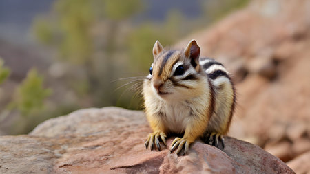 A cute chipmunk sits atop a rock, its furry body and striped pattern visible in detail. It is a small, wild animal in its natural habitat.の素材