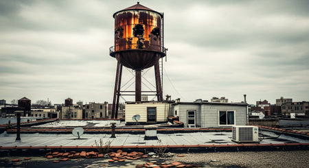 A rusty water tower stands tall on a rooftop, overlooking the cityscape. The scene captures urban decay and industrial architecture perfectly.の素材