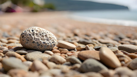 A porous rock sits on a pebble beach near the ocean. The scene evokes a sense of calm and nature.の素材