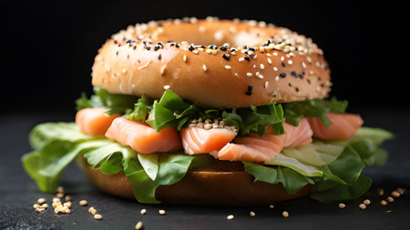 A tasty salmon bagel sandwich with fresh lettuce. Perfect for breakfast or brunch. Delicious and healthy recipe ideas for food photographyの素材