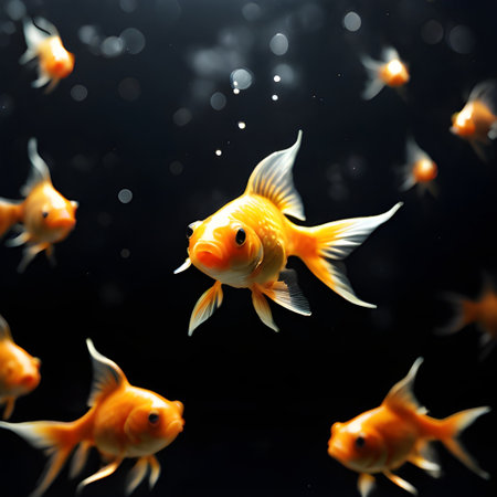 A group of goldfish swim in a dark aquarium tank, their orange bodies glowing against the black background in a beautiful underwater scene.の素材