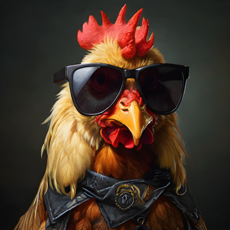 A cool chicken wearing sunglasses and a leather jacket. This funny animal portrait is perfect for print and design projects.の素材