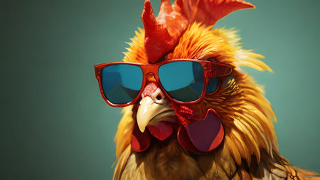 A funny picture of a cool chicken wearing sunglasses on a sunny day. The rooster is a fashion icon with its summer shades and avian styleの素材