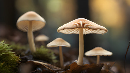 A captivating macro shot showcasing wild mushrooms in their natural forest habitat during the autumn season. A beautiful foraging fungi scene.の素材