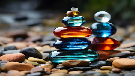 A vibrant zen stone stack on pebbles evokes tranquility, ideal for meditation and wellness art. Find balance and peace in this image.の素材