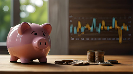 A piggy bank and coins represent investing with stock market data in the background, symbolizing financial growth and savings strategyの素材