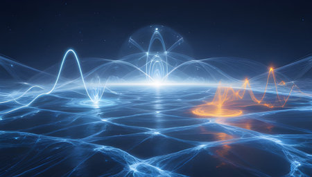 A futuristic abstract background with energy waves in blue and orange, ideal for science, technology, and modern design concepts.の素材