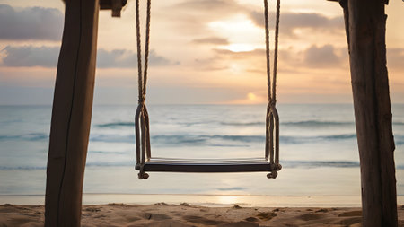 A serene beach scene featuring a swing overlooking the ocean at sunset, evoking feelings of summer vacation and peaceful relaxation.の素材