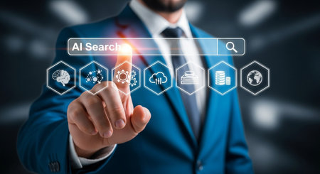 A businessman using ai search technology for data analysis, future trends, and innovation. He is touching a virtual interface screenの素材