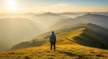 A lone hiker stands atop a mountain ridge, gazing at the breathtaking view. Golden sunlight bathes the landscape, creating a serene atmosphere.の素材