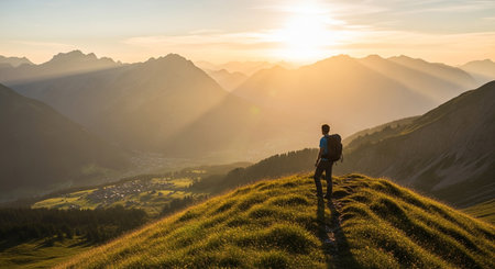 A man hiking on a mountain ridge at sunset, enjoying the scenic view and the freedom of backpacking adventure travel in nature. Beautiful light.の素材