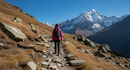 A woman hikes a rocky mountain trail with a backpack. She is surrounded by scenic views of alpine landscape and snow capped mountains.の素材