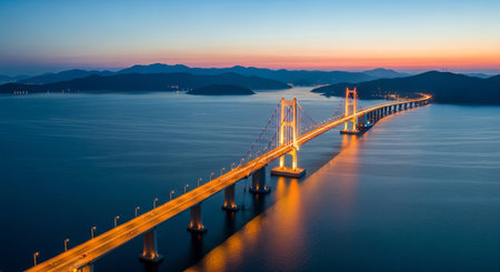 A stunning aerial view of an illuminated bridge at sunset. The bridge spans across the water, creating a picturesque landscape destination.の素材