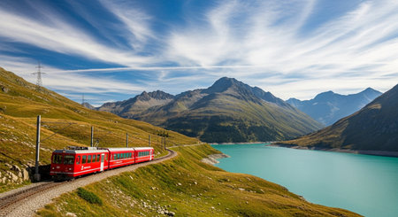 Experience the breathtaking swiss alps with a scenic red train journey, passing stunning lakes and mountains, a perfect travel destinationの素材