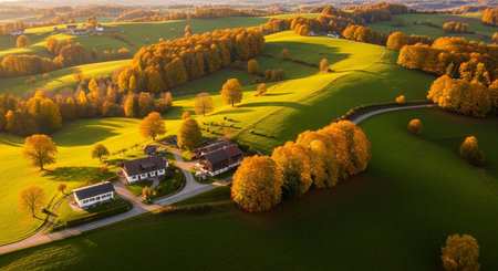 Breathtaking aerial view of an autumn landscape with golden trees and rolling hills in bavaria germany europe perfect for travel and nature loversの素材