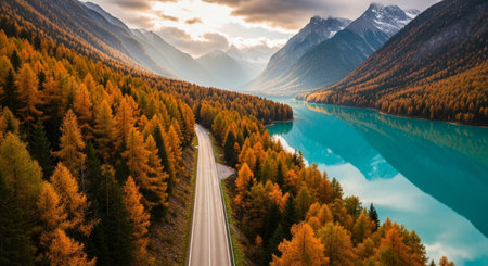 A breathtaking aerial view of a turquoise lake, surrounded by autumn trees and mountains, with a road winding through the landscape.の素材