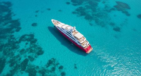 Aerial view of a luxury yacht sailing in the turquoise waters of the caribbean sea, perfect for a summer vacation travel destination.の素材