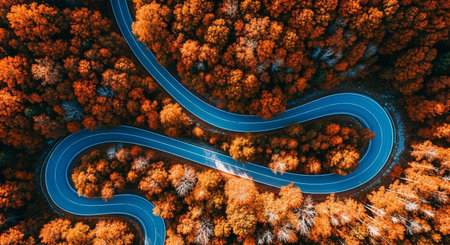 Capture the beauty of autumn with this aerial view of a winding road through a vibrant forest. Perfect for travel and nature enthusiasts.の素材
