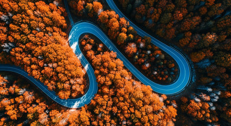 Experience the beauty of autumn with a scenic drive on a winding road through a vibrant forest. Perfect for travel and landscape photography.の素材