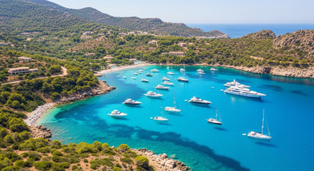 Aerial view of luxury yachts and boats in turquoise water at cala sa nau majorca spain. A beautiful mediterranean travel destinationの素材