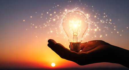A hand holds a light bulb against a sunset sky, symbolizing innovation, creativity, and the spark of new ideas and inspiration.の素材