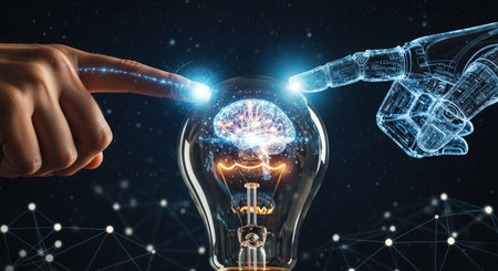 Human and ai touch creating a spark of innovation. Lightbulb with a brain inside represents new ideas and technological advancement.の素材