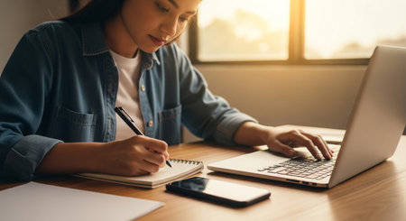 A young woman working from home on her laptop, taking notes in a notebook. She is focused and dedicated to her work or studies.の素材