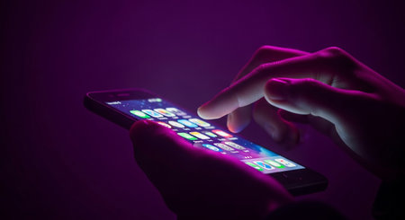 a person using a smartphone in the dark with purple neon light, browsing apps and social media on their mobile device at night timeの素材