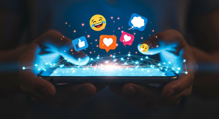 Engaging social media marketing on mobile phone with emojis and network connection for digital business growth and online communication.の素材