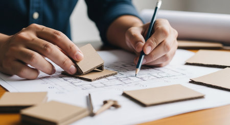 Architect creating a cardboard model on a blueprint. Design and construction process. Hands drawing with a pencil on the table. Close up view.の素材