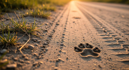 A dog paw print on a dirt road at sunset, capturing the essence of nature, outdoor adventure, and the beauty of animal tracks in the wild.の素材