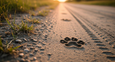 Footprints in the sand on the road at sunset. Close upの素材