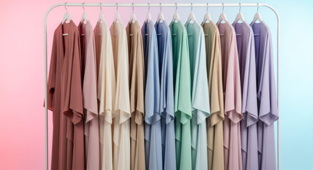 Elegant pastel abaya collection on a rack. Perfect for modest fashion and islamic clothing. Soft colors and flowing fabric.の素材