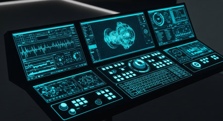 A futuristic control panel with a glowing blue user interface, displaying complex data and holographic elements for advanced system monitoring.の素材