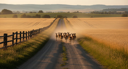 A herd of deer runs down a dusty country road, flanked by golden wheat fields under a warm sunset, creating a picturesque rural scene.の素材