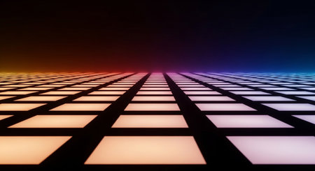 A vibrant abstract background featuring glowing floor tiles with a colorful gradient lighting effect, perfect for modern and futuristic designs.の素材