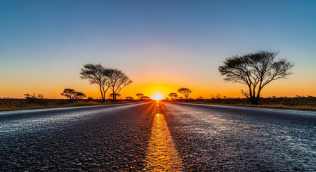 Experience the beauty of sunrise over an outback road in australia. A scenic landscape perfect for travel and adventure. A stunning view.の素材