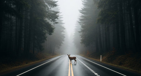 A deer stands on a road amidst a foggy forest. The image evokes a sense of mystery and tranquility in this natural landscape scene.の素材