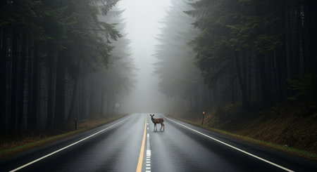 A deer stands on a foggy road through a forest. The scene is atmospheric and moody, capturing the beauty of nature and wildlife.の素材