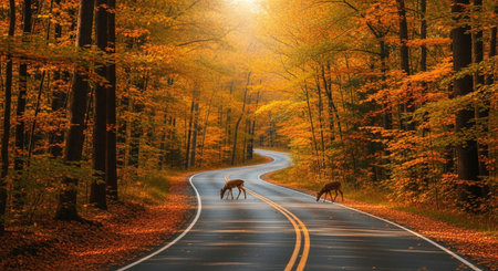 A beautiful autumn road with deer crossing, surrounded by scenic fall foliage, creating a stunning landscape background in natureの素材