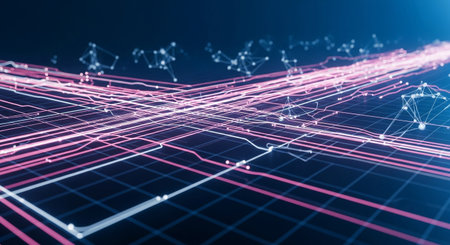 A modern abstract background featuring network connections and data lines, perfect for technology and innovation visuals, with a grid structure.の素材