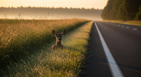 A deer stands near a road in the morning light, captured in a wildlife portrait. The scene showcases nature and the animal's habitat.の素材