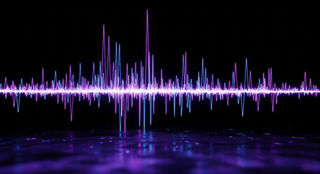 Vibrant audio spectrum visualizer with neon purple and blue waves reflecting on a dark surface, perfect for music and graphic design projectsの素材
