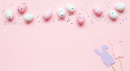 Flat lay of pink and white speckled easter eggs with bunny cutouts and confetti on a light pink backgroundの素材