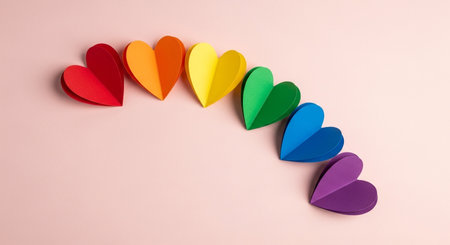 Row of colorful paper hearts arranged in a rainbow arc on a light pink background symbolizing love and prideの素材
