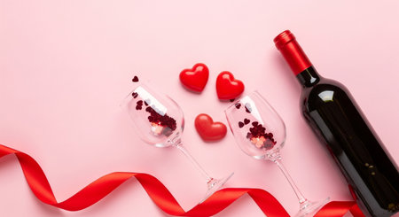 Valentine's day concept. Glasses of red wine, hearts and red ribbon on pink background.の素材