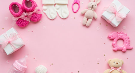 Overhead view of various pink baby girl gift items and toys arranged on a solid pink background with copy spaceの素材