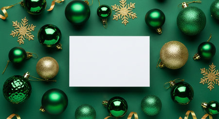 Flat lay of shiny green and gold christmas ornament decoration with blank white card on green backgroundの素材